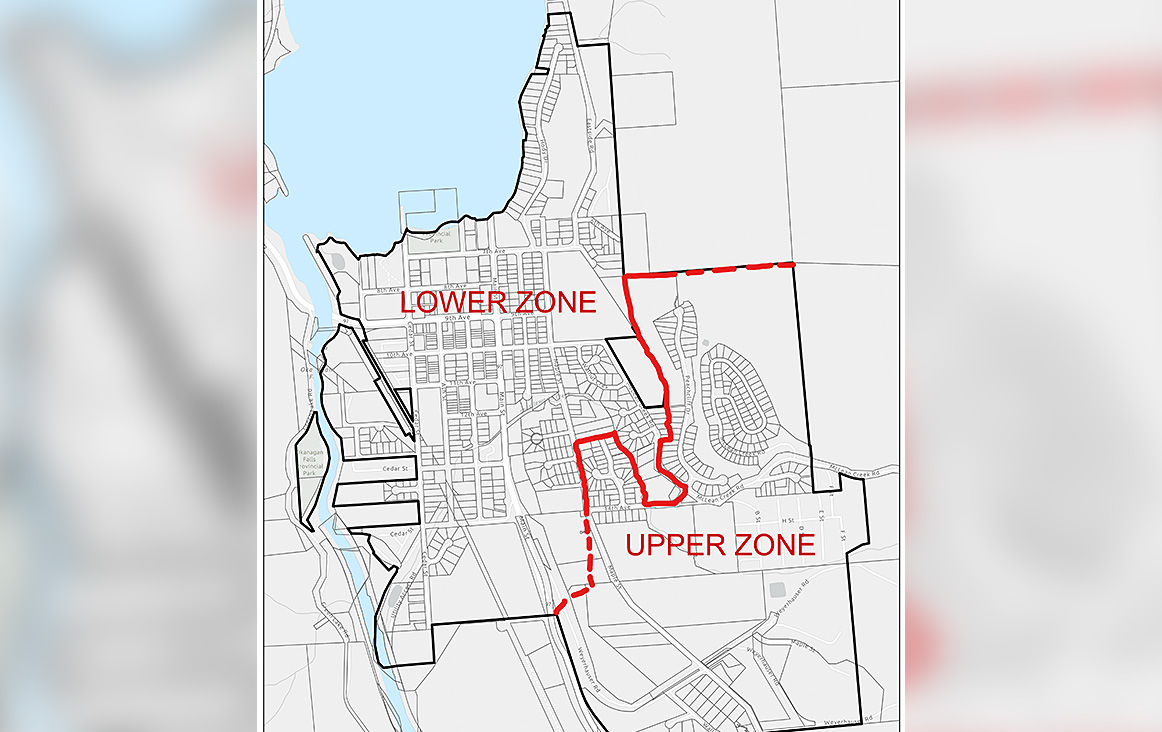 A map showing the lower and upper water zones in Okanagan Falls.