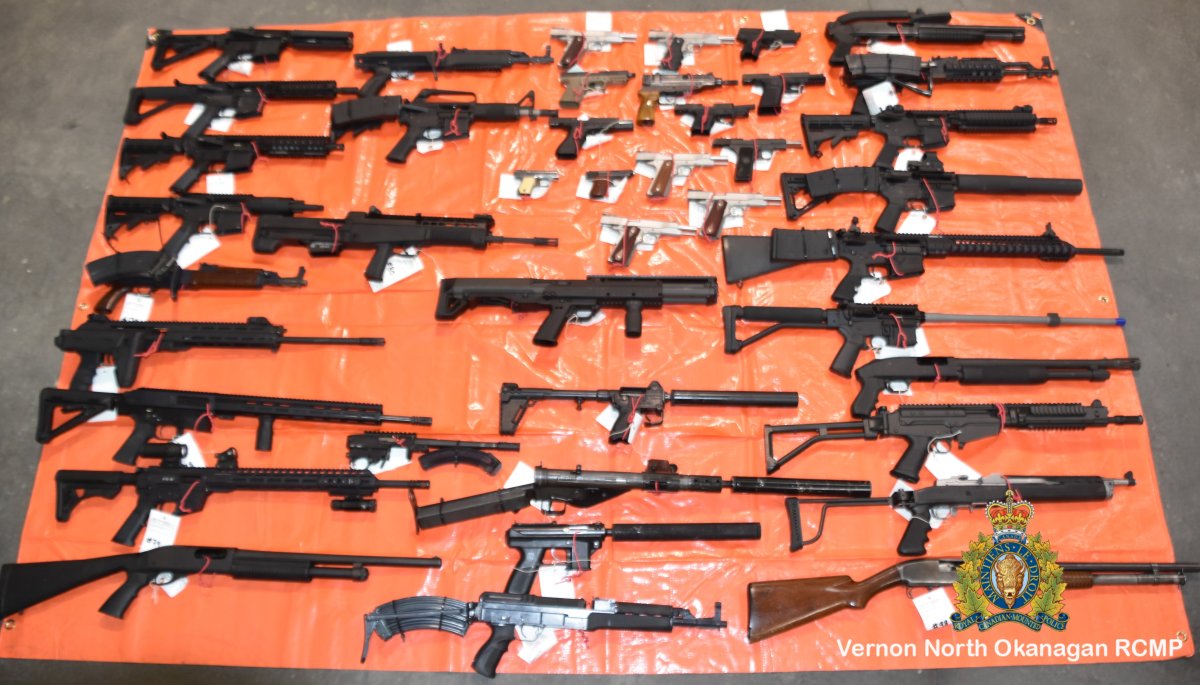 A photo of the guns that were seized by police in early March after police executed four search warrants in the Central and North Okanagan.