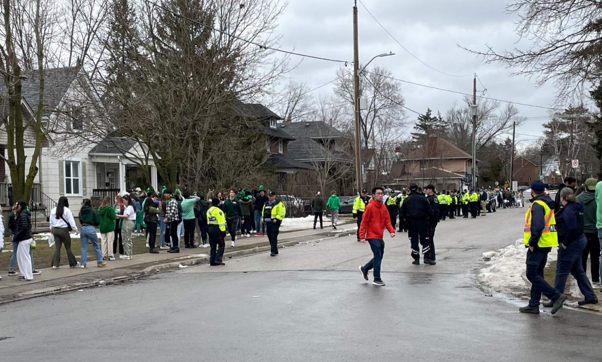London police presence around Broughdale Avenue appeared to peak around 2 p.m. Friday for St. Patrick’s Day, with crowds dispersing by a little after 3 p.m.
