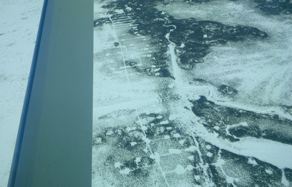 The impact of line cutting and exploratory drilling on the landscape can be seen from the sky. This photo of exploration activities in the Ring of Fire was taken in the winter of 2015.
