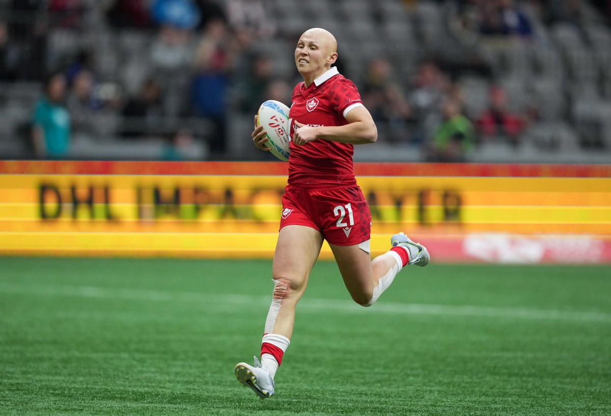 Canada’s Olivia Apps scores a try against Brazil during Canada Sevens women’s rugby action, in Vancouver, B.C., Saturday, March 4, 2023.