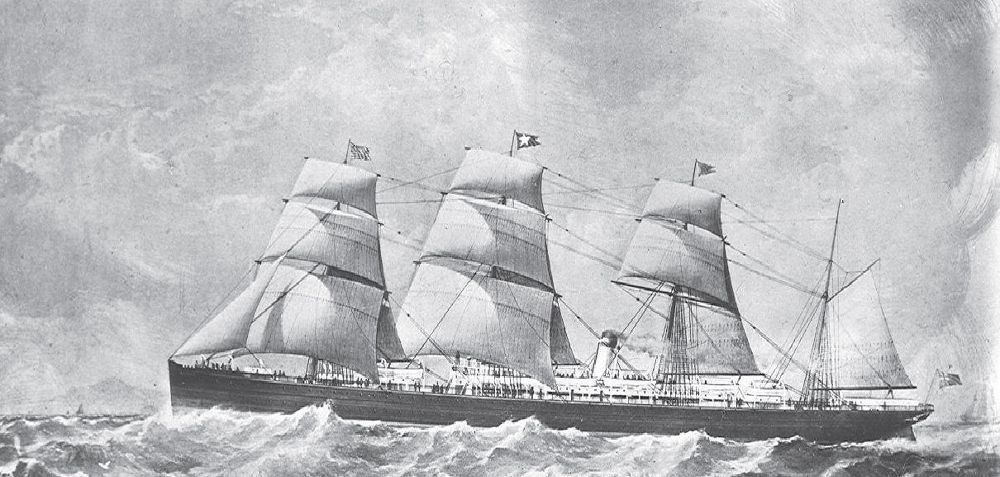 A hand drawn image of the SS Atlantic ship.