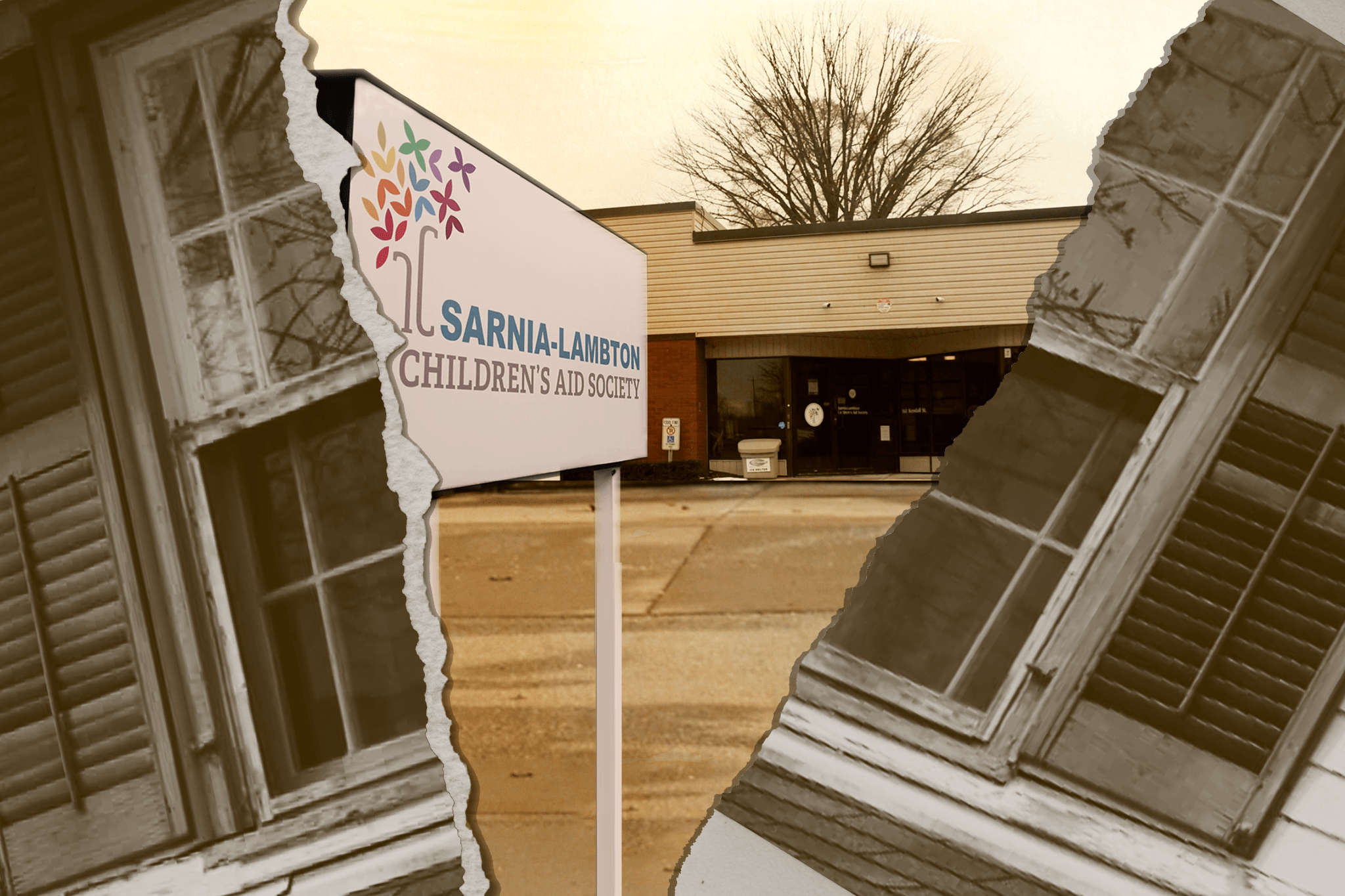Two images, one showing the window and shutters of an Ontario group home, and the other showing a one-storey brick building housing the Sarnia-Lambton Children's Aid Society's offices.