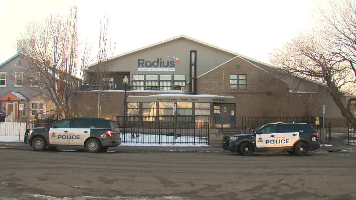 Edmonton Police Service vehicles outside Radius Community Health & Healing (formerly the Boyle McCauley Health Centre) at 10628 96 Street on Tuesday. March 14, 2023.