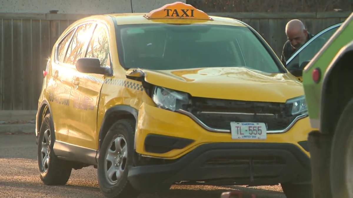 A taxi that collided with a Valley Line LRT at 83/85 Street and Connors Road in south Edmonton on Tuesday, March 28, 2023.