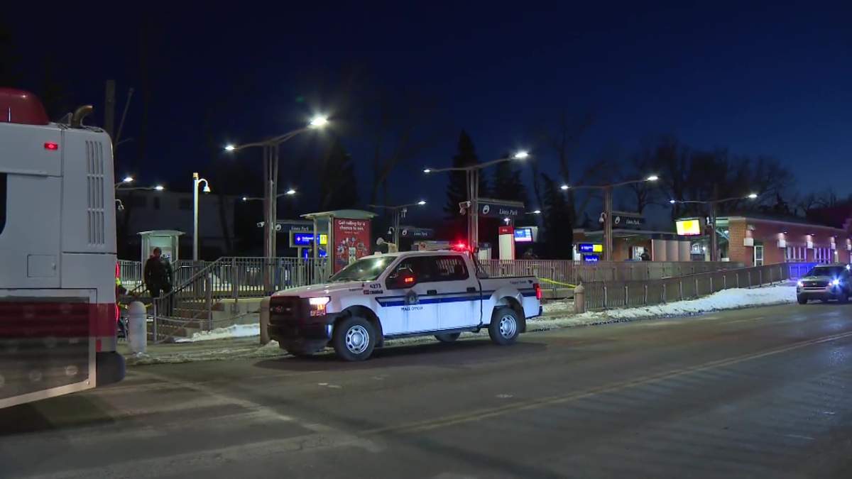Calgary police investigating a stabbing at the Lions Park LRT station on Tuesday, March 28, 2023. 