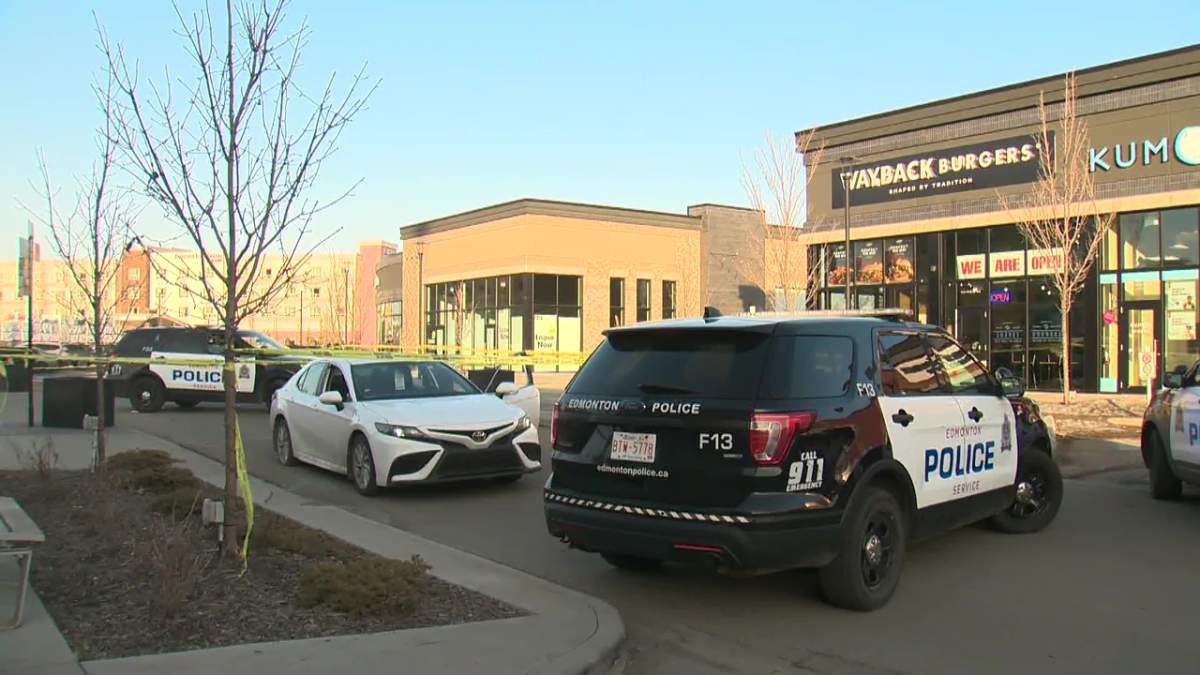An Edmonton Police Service scene at Griesbach Village shopping complex on the northwest corner of 97 Street and 137 Avenue on Friday. March 31, 2023.