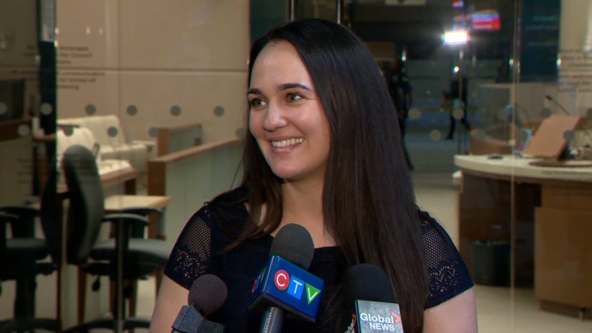 Calgary city councillor Jasmine Mian announces her pregnancy at city hall on March 21, 2023.