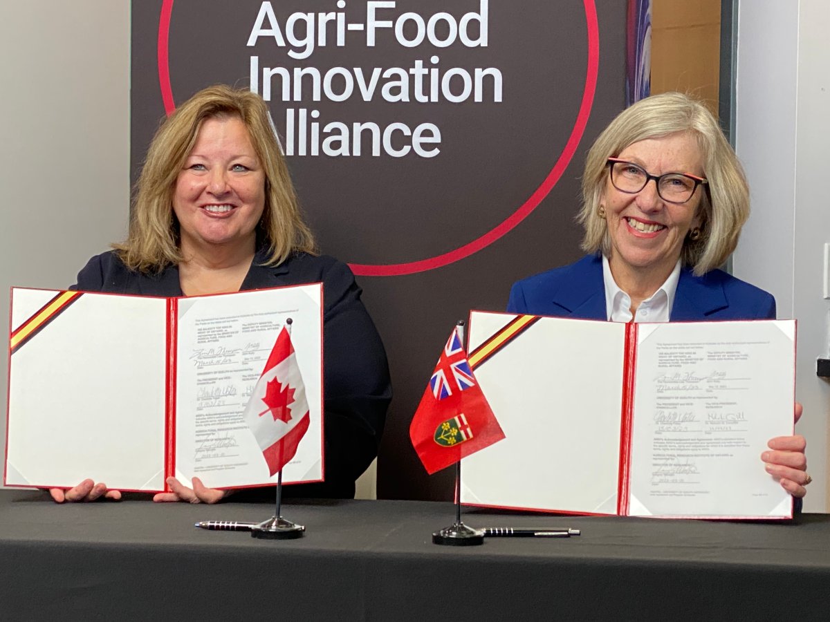 Minister of Agriculture, Food and Rural Affairs Lisa Thompson, and University of Guelph President Charlotte Yates officially sign an agreement that would  see the province and the university continue their partnership on agri-food innovation.