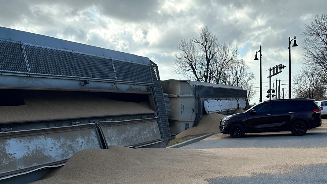 A derailed train near a parking lot near Main Street West and King Street in the city of Port Colborne.