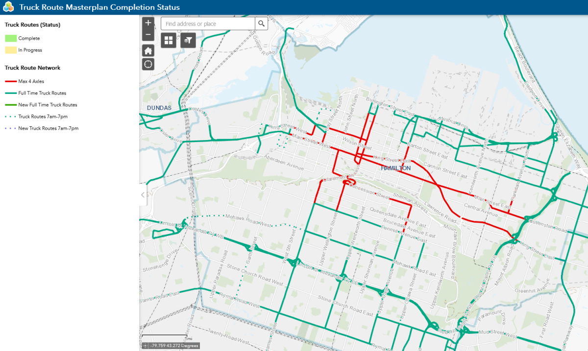 A map of the changes to the city of Hamilton's truck route.