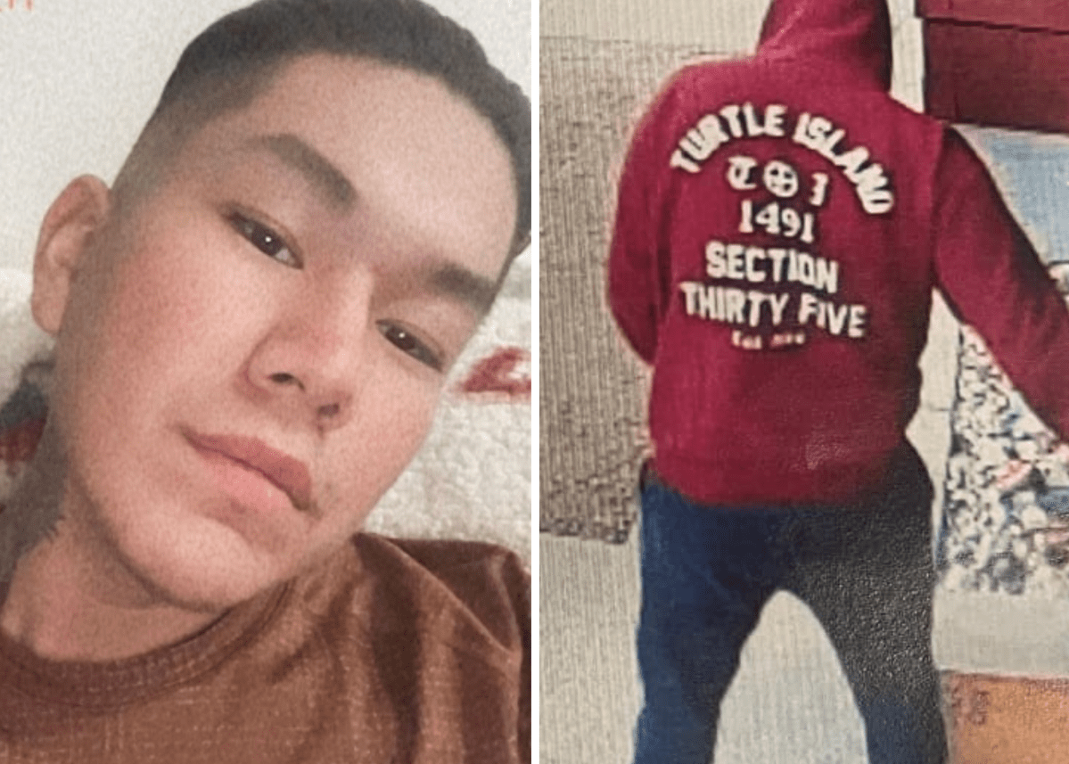 A collage of a man, photo on the left of his face he's leaned to one side with a brown tshirt on and on the right it shows him from the back wearing a burgundy hoodie and dark pants.