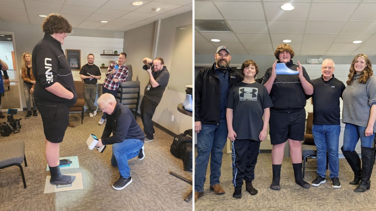 A split photo. On the left, Eric Kilburn Jr. is being fitted for shoes. On the right, his family stand side by side. He is holding a shoe mold.