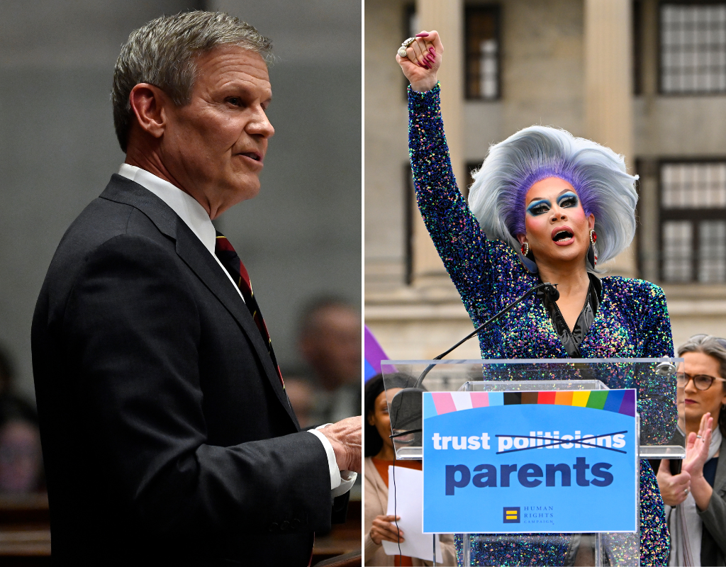 Tennesse Governor Bill Lee (R) and Drag artist Vidalia Anne Gentry (L) as she speaks during a news conference to draw attention to an anti-drag bill in the Tennessee legislature on Feb 14, 2023.