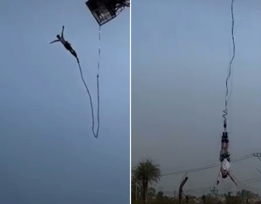 Screenshots of a video showing the moment a tourist's bungee cord snaps, slamming him into the water below at an adventure park in Thailand.