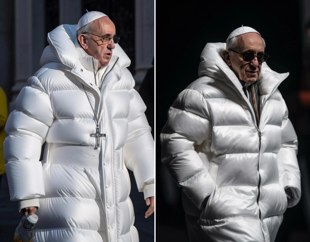 Fake images of Pope Francis wearing a white puffer coat generated by AI model Midjourney took the Internet by storm after being posted to Reddit on March 24, 2023.