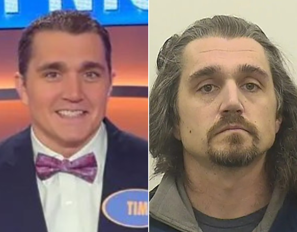 A split image of Timothy Bliefnick, as he appeared on Family Feud in 2020 and in his mugshot.
