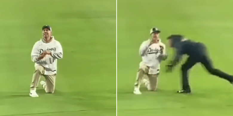 Baseball fan's on-field proposal ends in crushing tackle from security