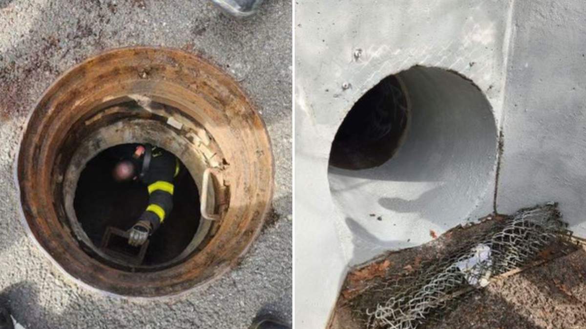A split image. On the left is a firefighter descending into an open manhole. On the right nis an open storm drain.