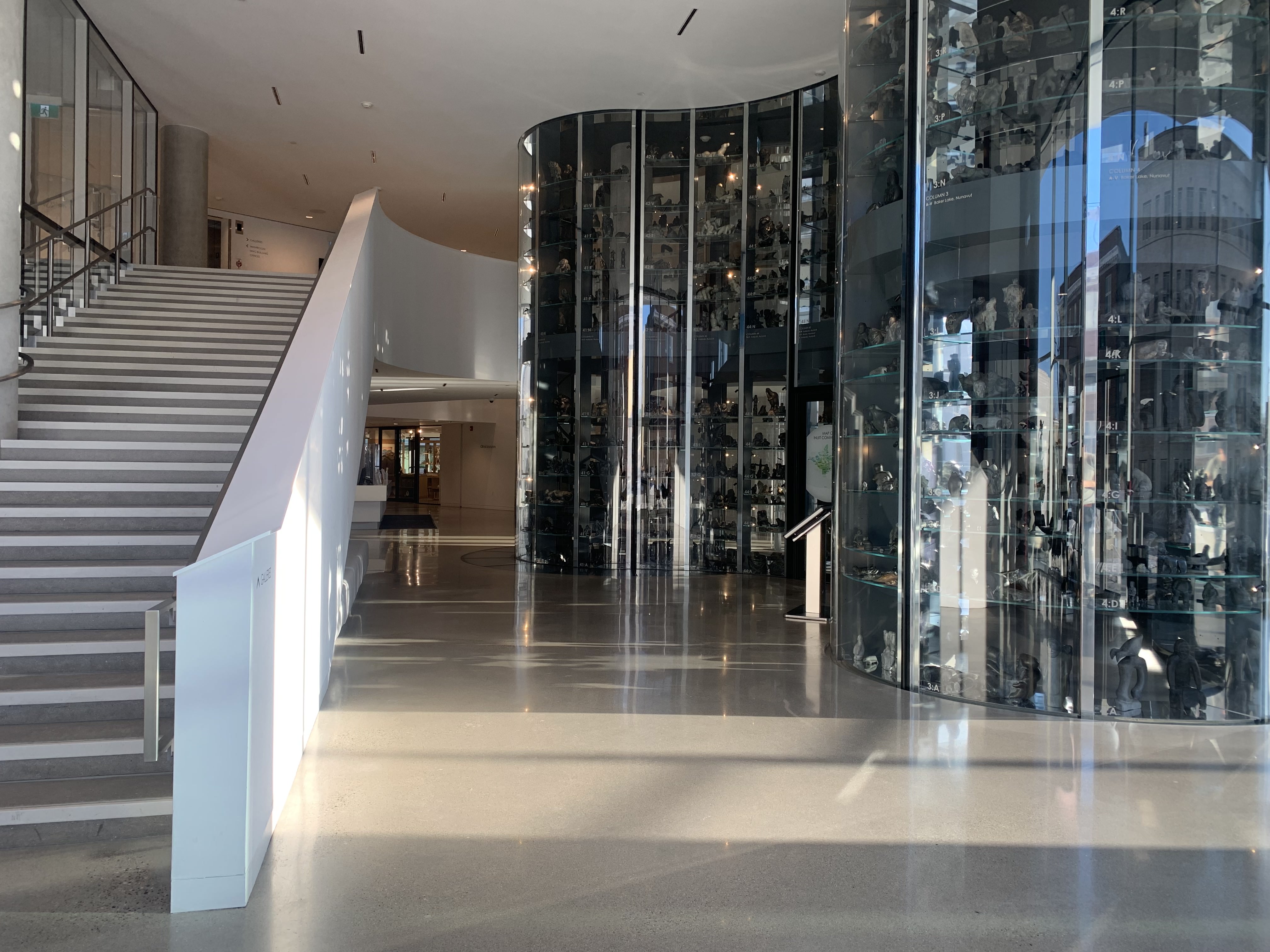 The centrepiece of Quamajuq can be seen from the sidewalk outside. The visible vault, a stunning three-storey glass showcase, holds 4,500 pieces of work. Two storeys above ground showcase stone carvings, while whalebone, ivory and antler is underground, out of direct sunlight.