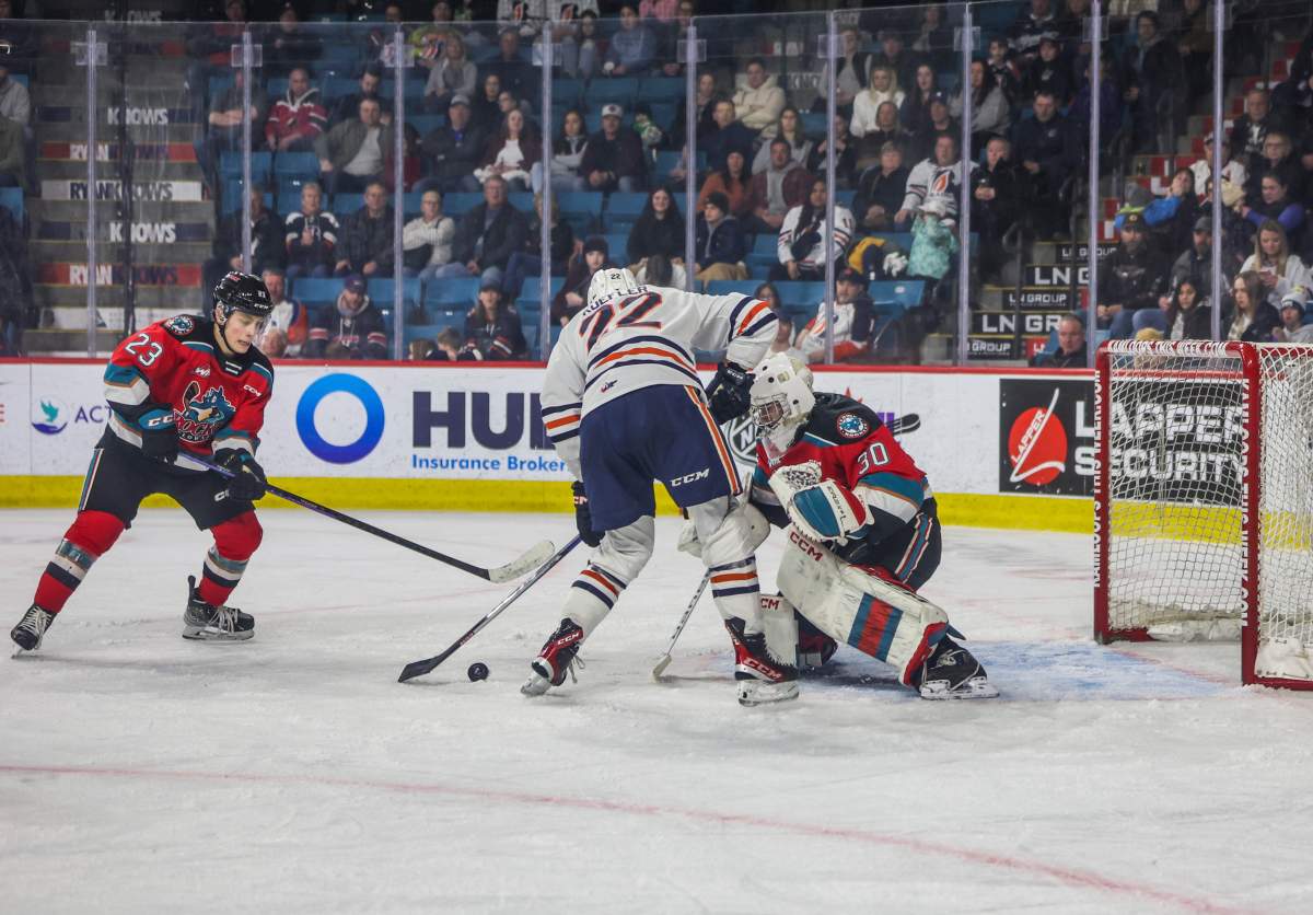 The Kamloops Blazers scored four times in the first period on Friday night en route to beating the Kelowna Rockets 8-1.