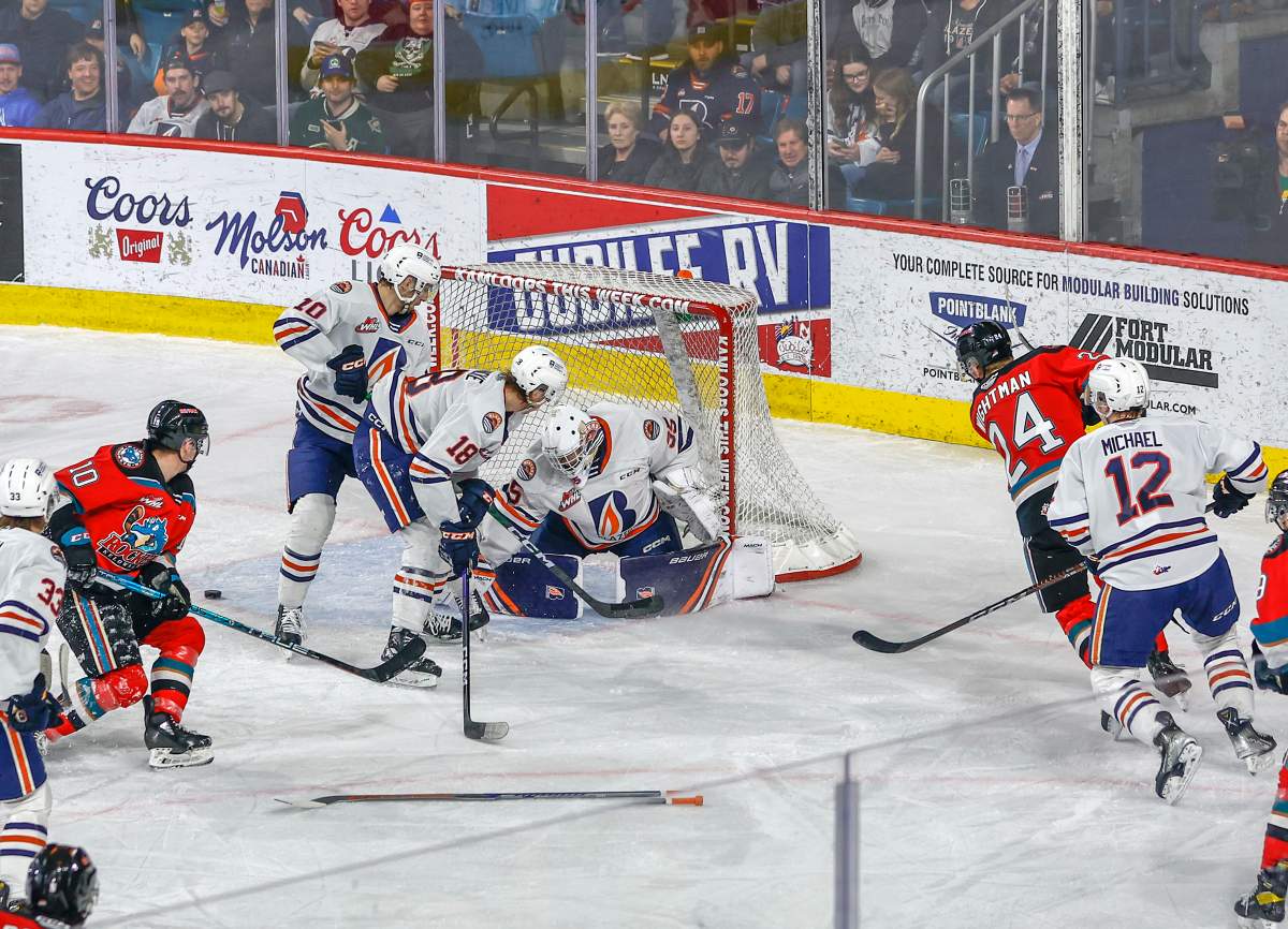 Kamloops Blazers goalie makes one of his 24 saves during WHL action against the Kelowna Rockets in Kamloops, B.C., on Friday, March 17, 2023. Kamloops won 5-2.