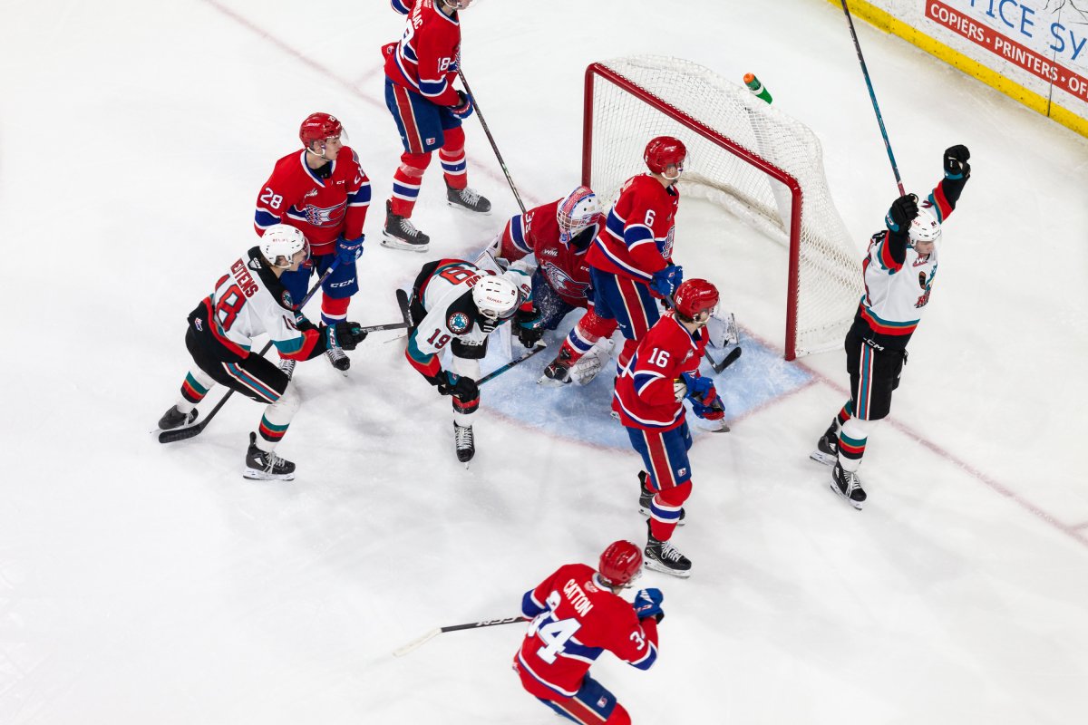 The Kelowna Rockets celebrate a goal during WHL action against the Spokane Chiefs in Kelowna, B.C., on Wednesday, March 1, 2023.