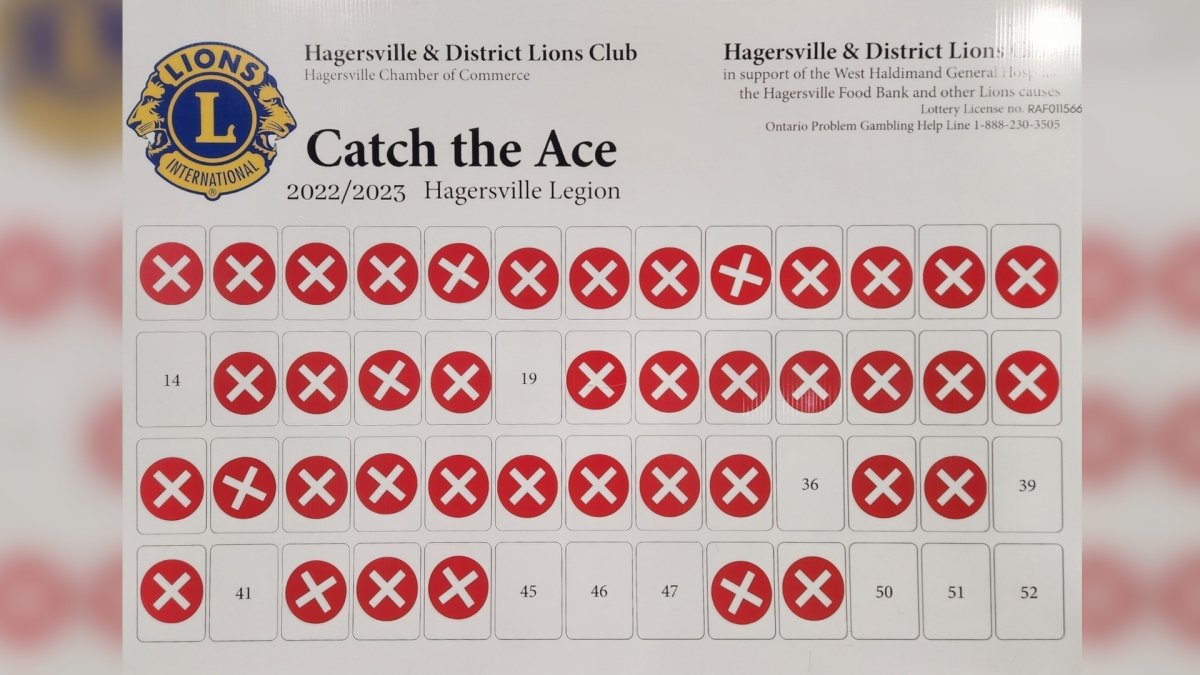A photo of the Hagersville, Ont. Lions Club's Catch The Ace card tracking board after week 42 in March 2023.