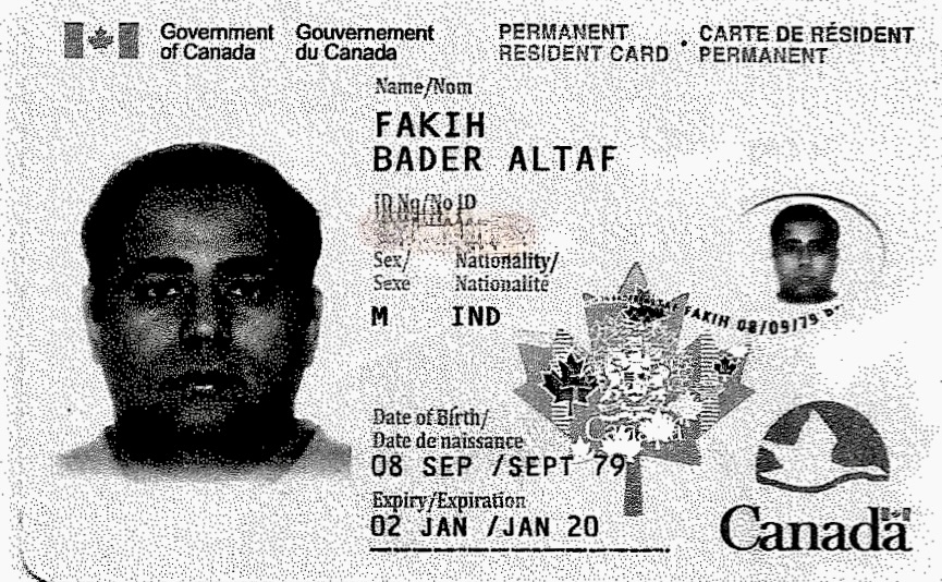Bader Fakih’s permanent residence card.