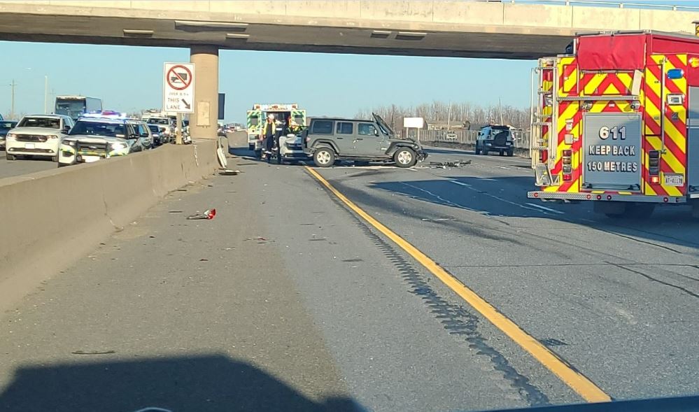 Photo from the scene of a fatal crash on the QEW near Beamsville that killed a 10-year-old boy on March 30, 2023.