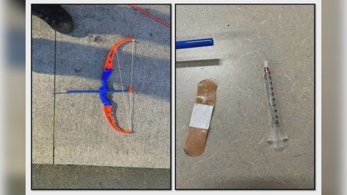 A toy bow and arrow with a needle attached was found by police in Nanaimo, B.C.