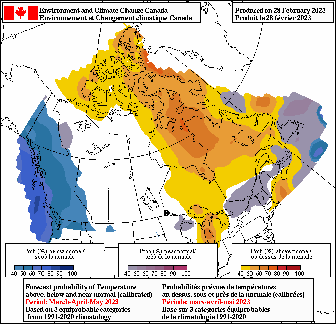 Environment and Climate Change Canada is forecasting a cooler spring on the west coast of Canada. One reason could be the lingering effects of La Niña.