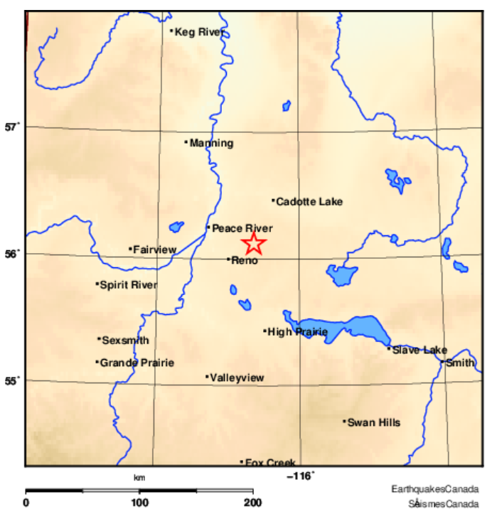 A magnitude 5 earthquake was recorded 30 kilometres east northeast of Reno, Alta., Thursday March 16, 2023.