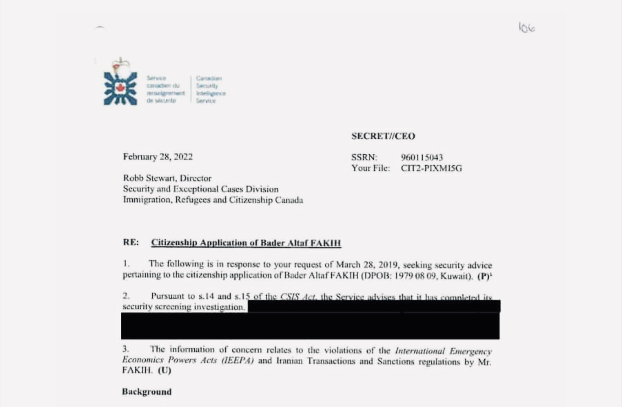 CSIS security screening report on Bader Fakih.