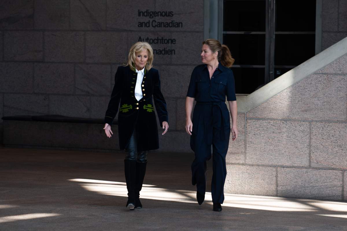 First Lady Jill Biden and Sophie Gregoire Trudeau arrive to visit ‘Uninvited: Canadian Women Artists in the Modern Moment’ an art exhibit at the National Art Gallery (NAG) in Ottawa, on Friday, March 24, 2023. THE CANADIAN PRESS/Spencer Colby