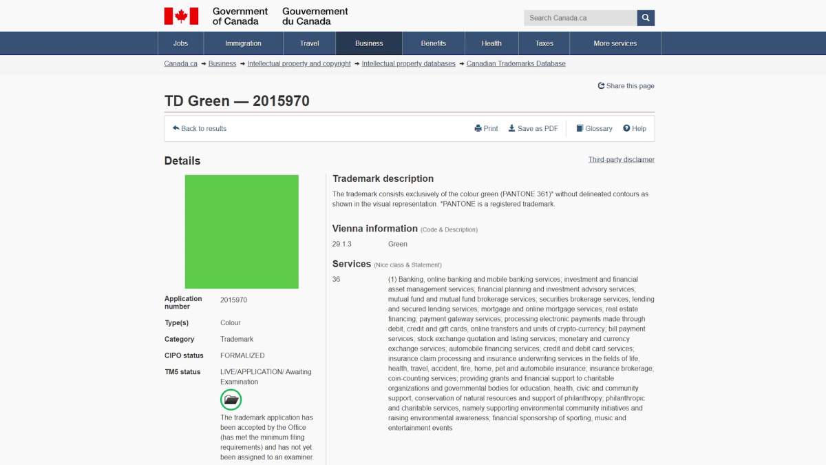 Screenshot of TD Bank's application for a colour trademark.