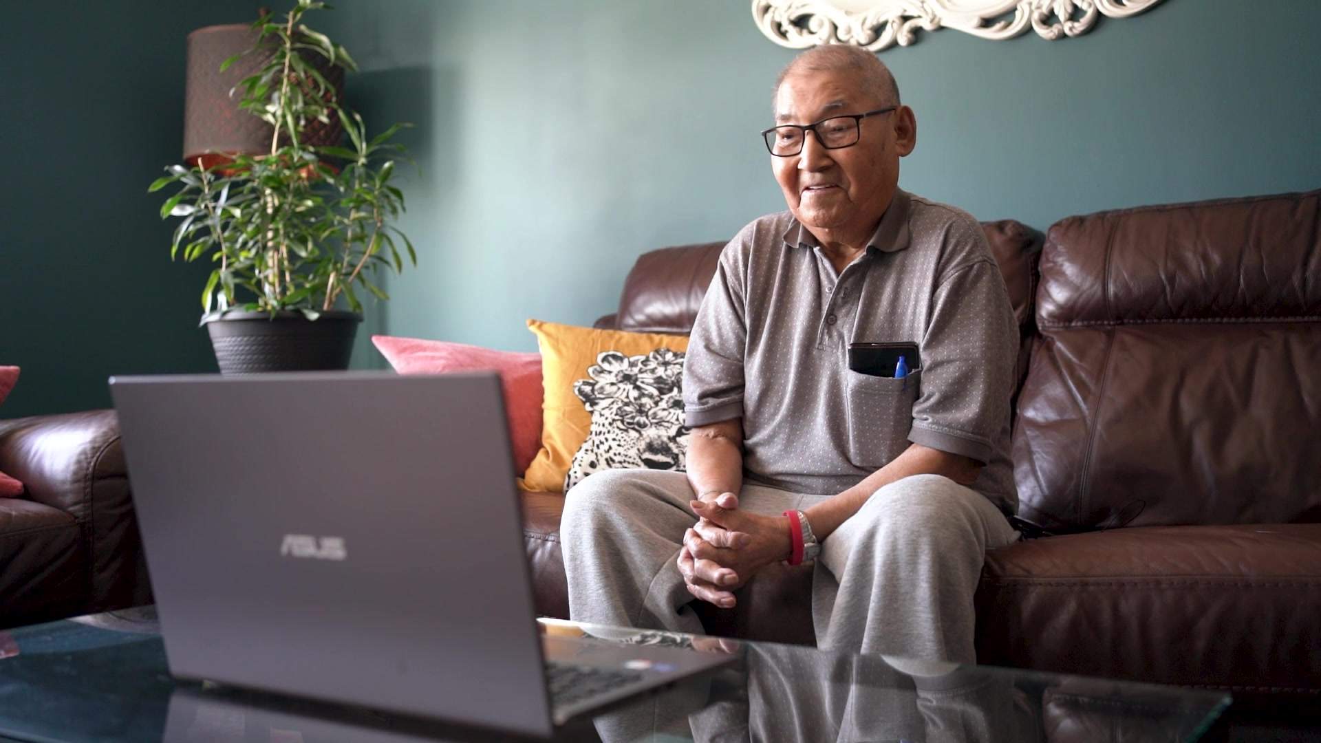 Aysanabee’s grandfather Watin, during a video call from Thunder Bay, Ont.