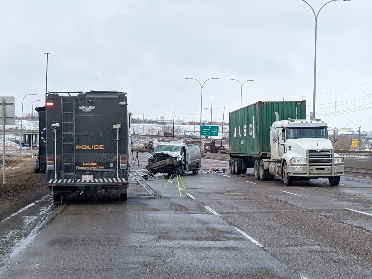 A collision in Calgary Monday morning sent one man to hospital with multiple, but non-life-threatening injuries, EMS said. 
