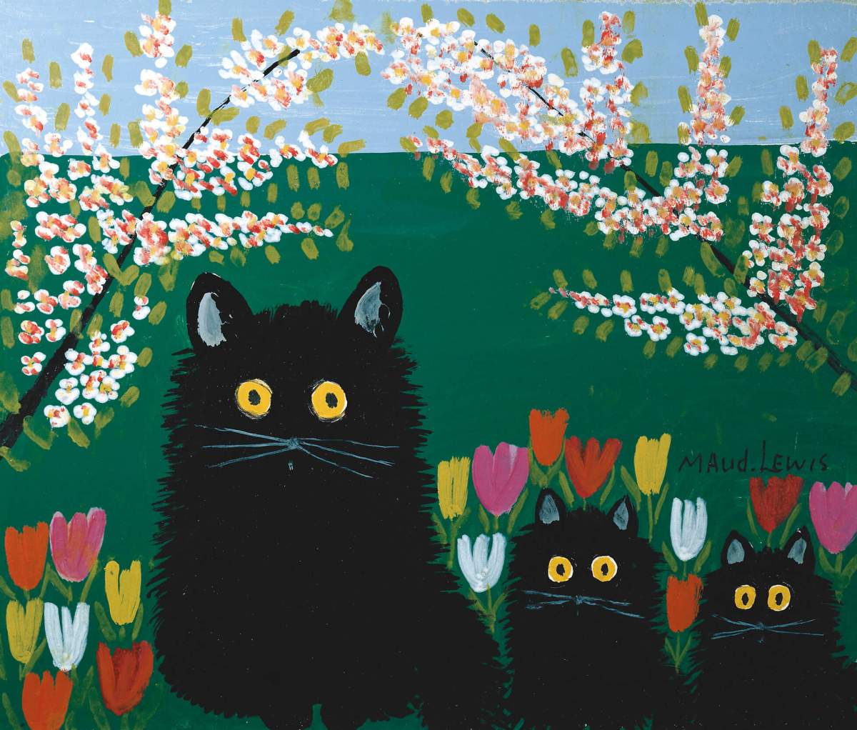 The Art Canada Institute says the Three Black Cats painting from 1995 is among Maud Lewis’s most iconic works. Lewis’s childhood cat was named “Fluffy,” and was featured in many artworks, often portrayed next to two black kittens.