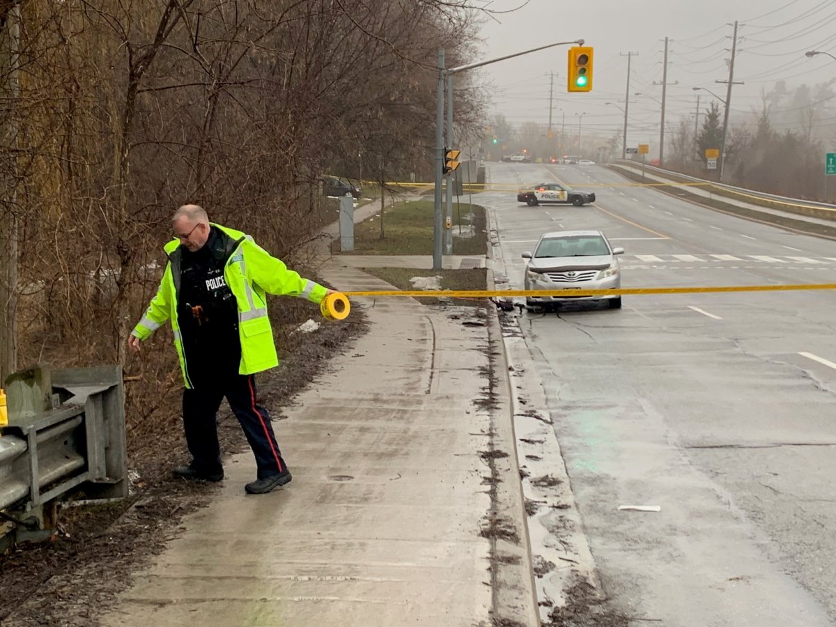 A photo from the scene at Leslie Street and Steeles Avenue on March 23, 2023.