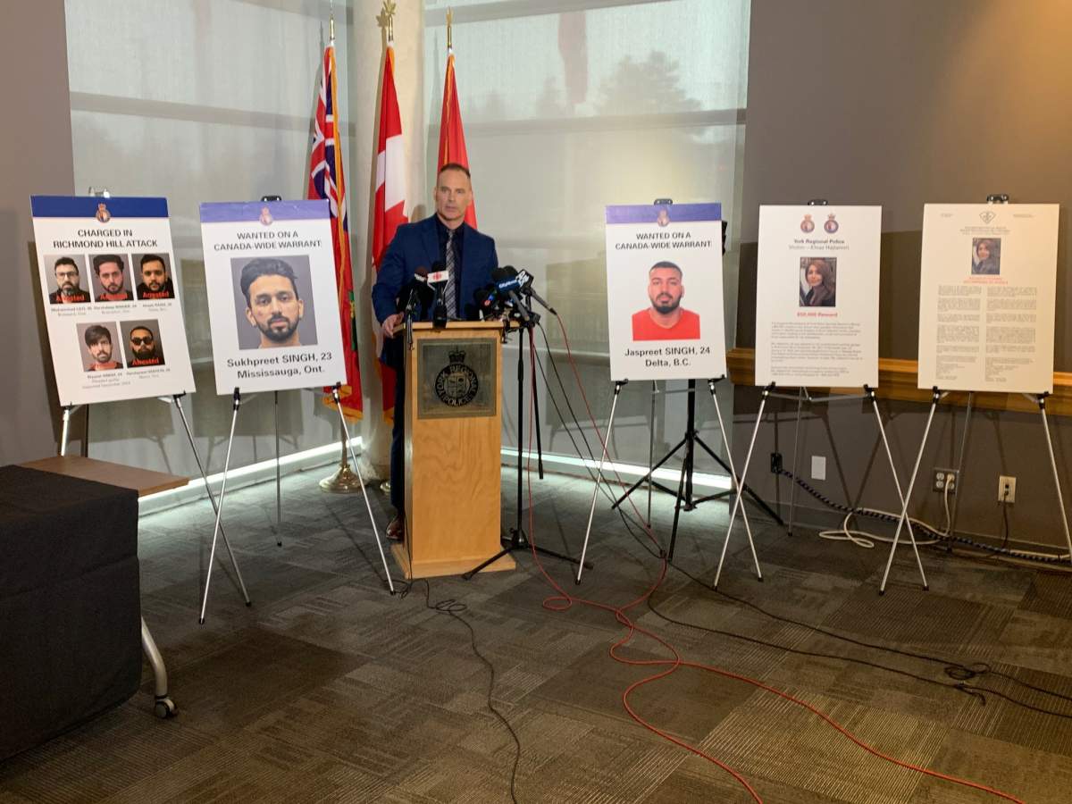 Photos of five suspects arrested, two on Canada-wide arrest warrants in relation to an attack on Elnaz Hajtamiri in Richmond Hill from December 2021.
