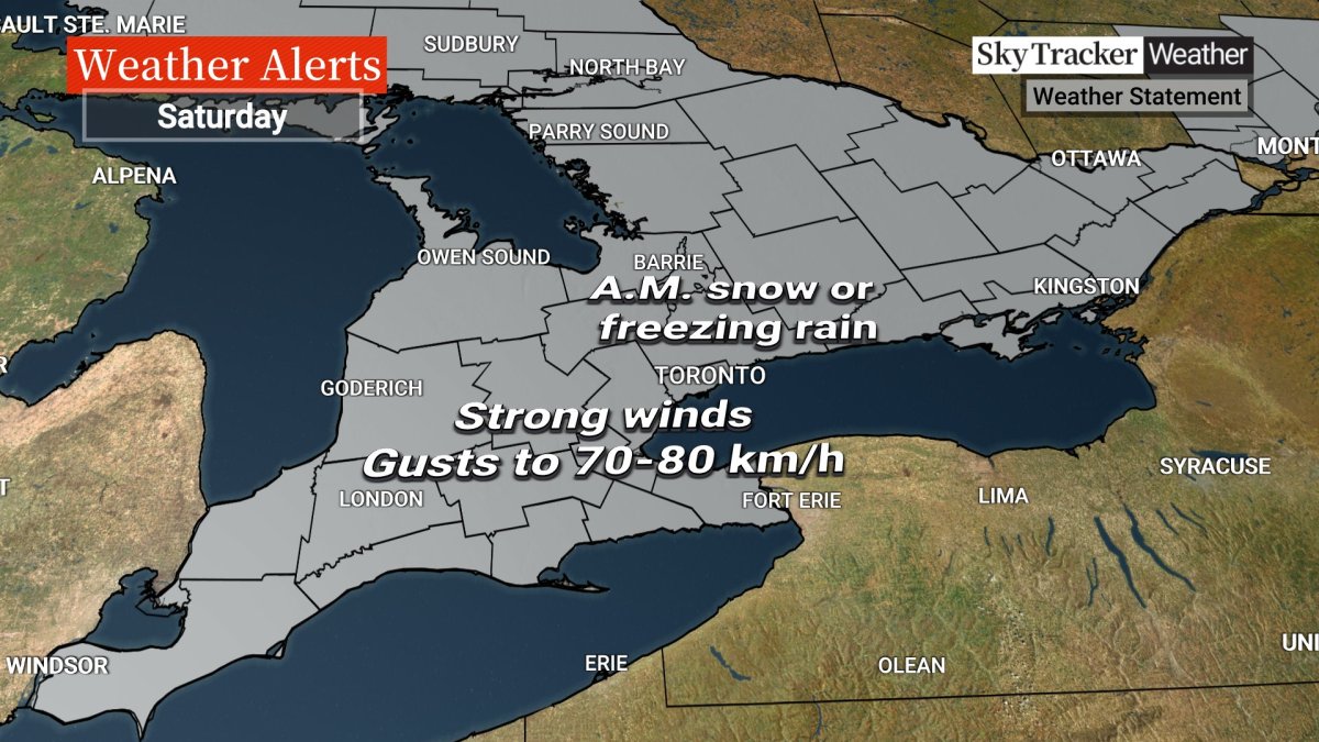 A photo from Global News' SkyTracker revealing freezing rain statements have been implemented across most of Ontario for March 24, 2023.
