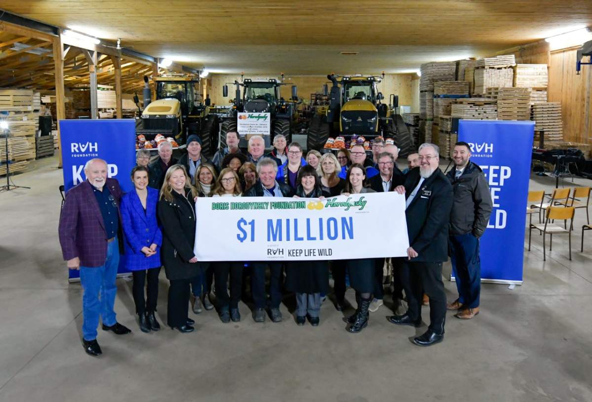 Local government officials, RVH representatives, Innisfil Council members, friends and family gathered at Horodynsky Farms in Innisfil to celebrate owner Boris Horodynsky’s (centre) announcement of a $1-million gift to RVH Foundation’s Keep Life Wild campaign.