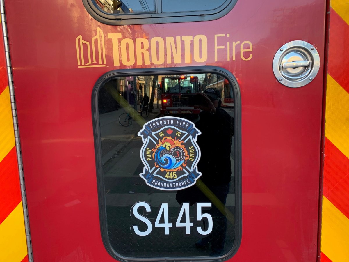 Emergency responders were dispatched to the scene where a vehicle had left the roadway and become partially submerged in water around 4:45 a.m. Sunday. A Toronto Fire truck.