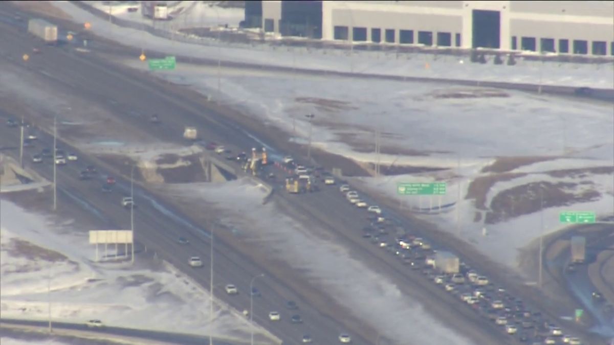 Emergency responders are on the scene of a collision on Calgary's Deerfoot Trail on March 14, 2023.
