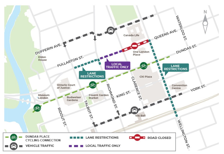 A map of the current and upcoming road restrictions downtown and the suggested cycling route.