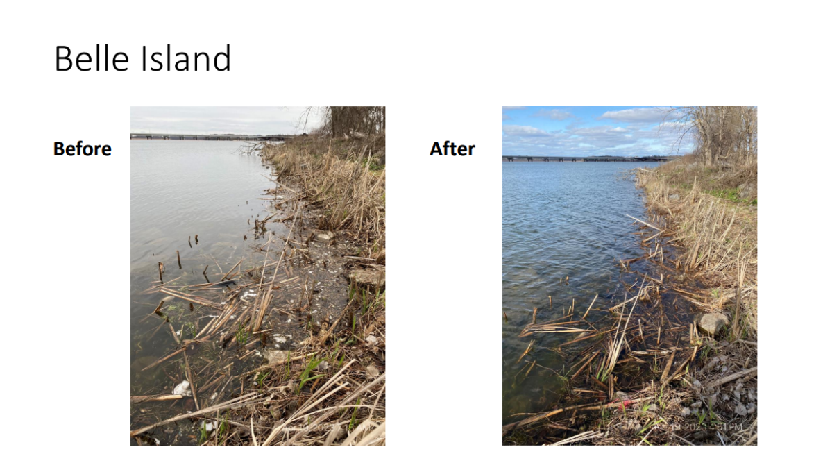 Before and after pictures of the City of Kingston's efforts to clean up Styrofoam from the shores of the Cataraqui River