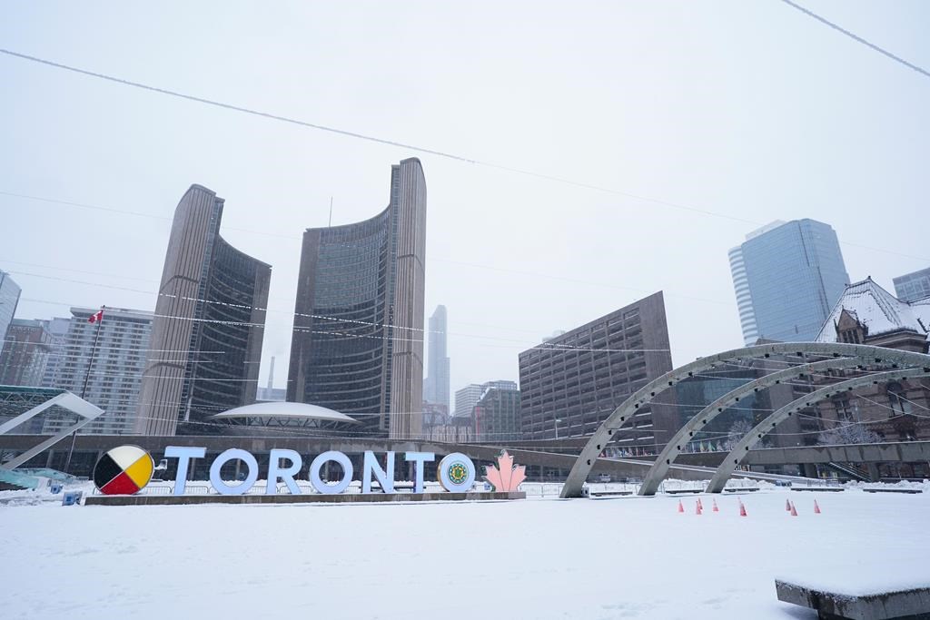 The City of Toronto is opening several warming centres Sunday night as temperatures take a dive. Toronto City Hall is pictured in Toronto, on Saturday, March 4, 2023.