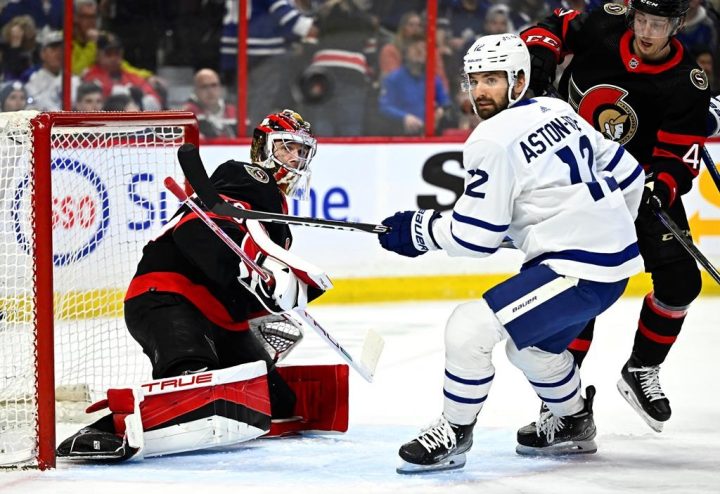 Ottawa Senators goaltender Mads Sogaard (40) watches the puck rebound away after making a save in front of Toronto Maple Leafs centre Zach Aston-Reese (12) during first period NHL hockey action in Ottawa, on Saturday, April 1, 2023. It’s been quite an opening year for Ontario’s fledgling open sports-betting market.