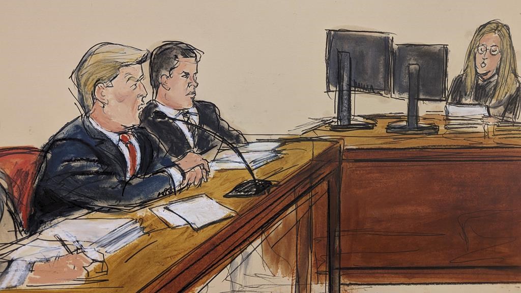 Former President Donald Trump, far left, pleads not guilty as the Clerk of the Court reads the charges and asks him “How do you plea?” Tuesday, April 4, 2023, in a Manhattan courtroom in New York. Defense attorney Joseph Tacopina, center, looked on. (Elizabeth Williams via AP)